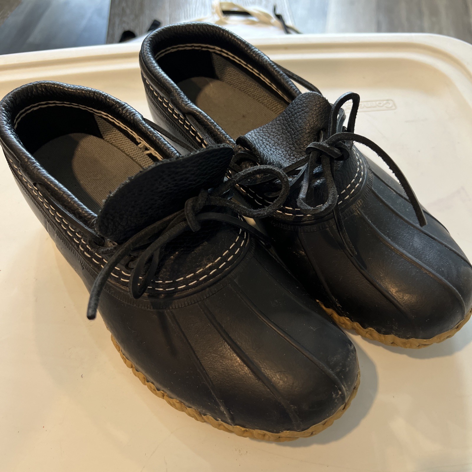 LL Bean Women Black Rubber Unlined Moccasin Gumshoes Duck Boots Size 8 W wide