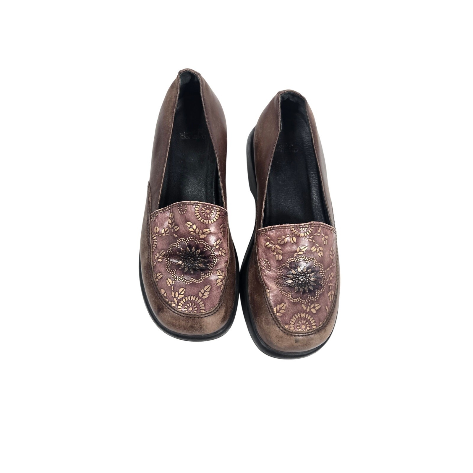 Dansko Brown Leather Floral Gold Embossed Slip On Clogs Comfort Casual Workwear