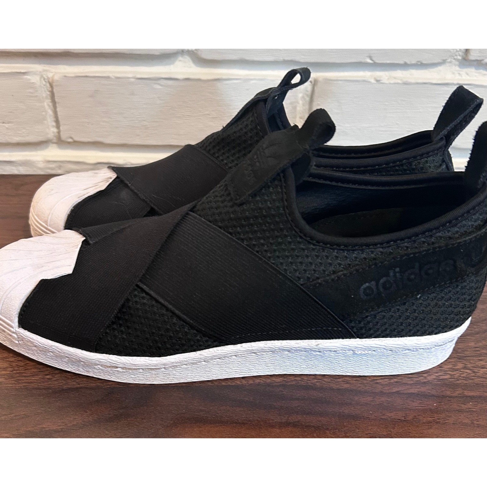 Adidas Superstar Slip On Womens 8 Black White Crisscross Strap Sneakers No Lace