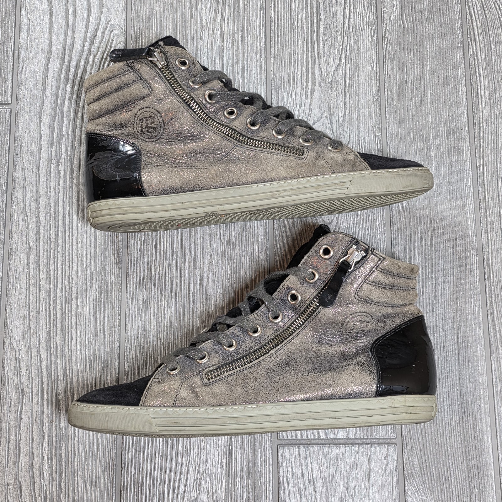 Paul Green brown Black metallic leather & suede hightop sneaker sz 8.5 zip Side