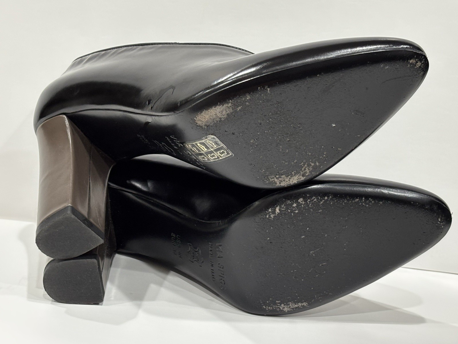 Via Spiga Italy Black Leather Pointed Toe Block Heel Pumps Women’s US 8 EU 38