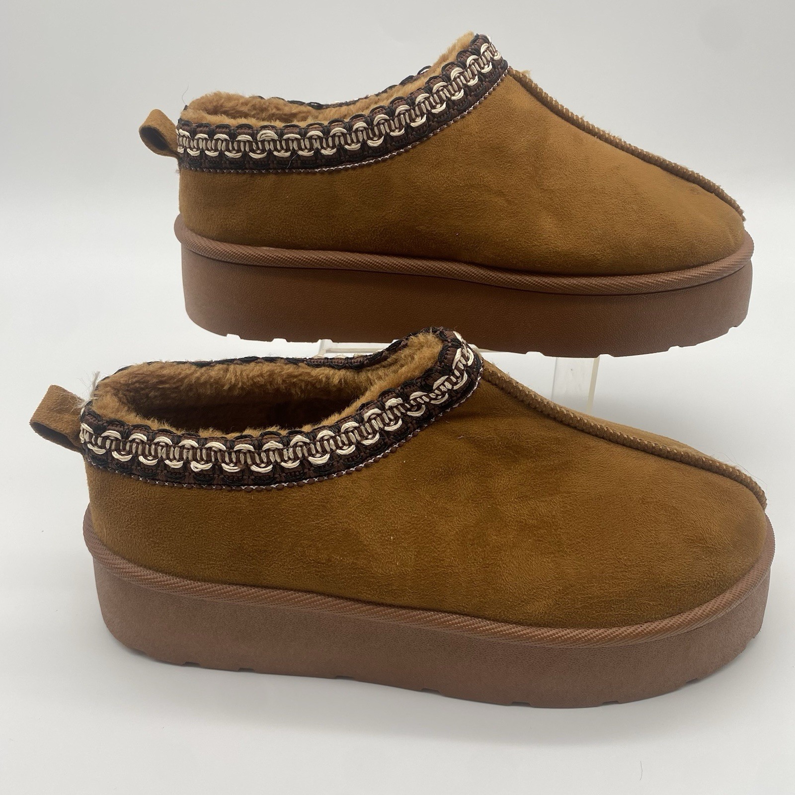 Halston Womens Slip-On Mules Cognac Faux Suede Size 7 Warm Winter Platform Slip