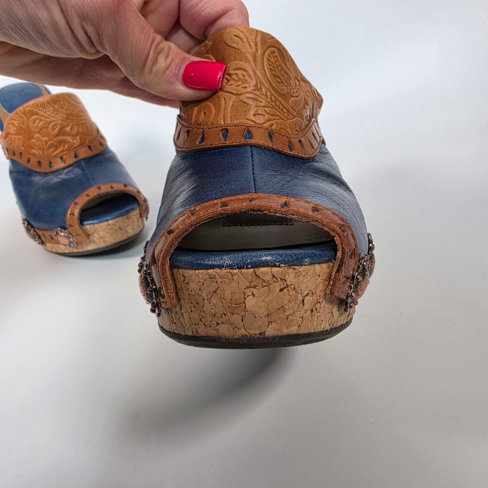 Y2K Saddle Up Wedge Mule Sandals Women’s 6 Blue Cork Western Concho