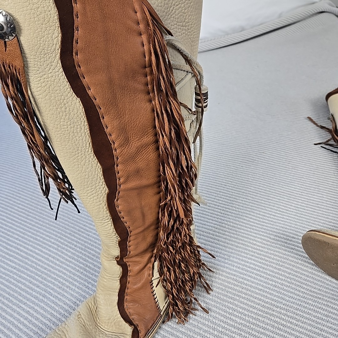 VTG 70s Hand Made Fringed Leather Western Boots Over Knee Concho Womens 9 USA