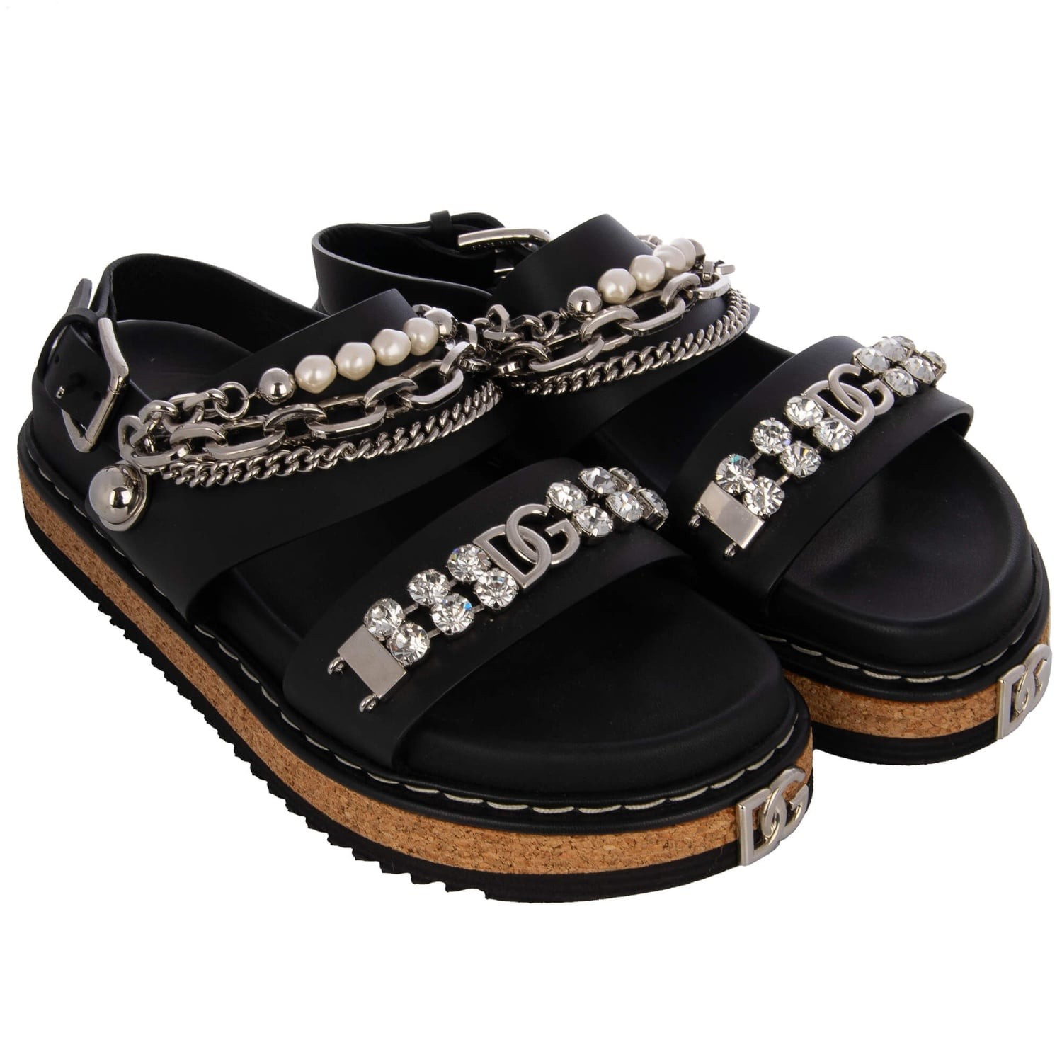 DOLCE & GABBANA DG Logo Pearl Crystal Chain Plateau Sandals KEIRA Black Silver