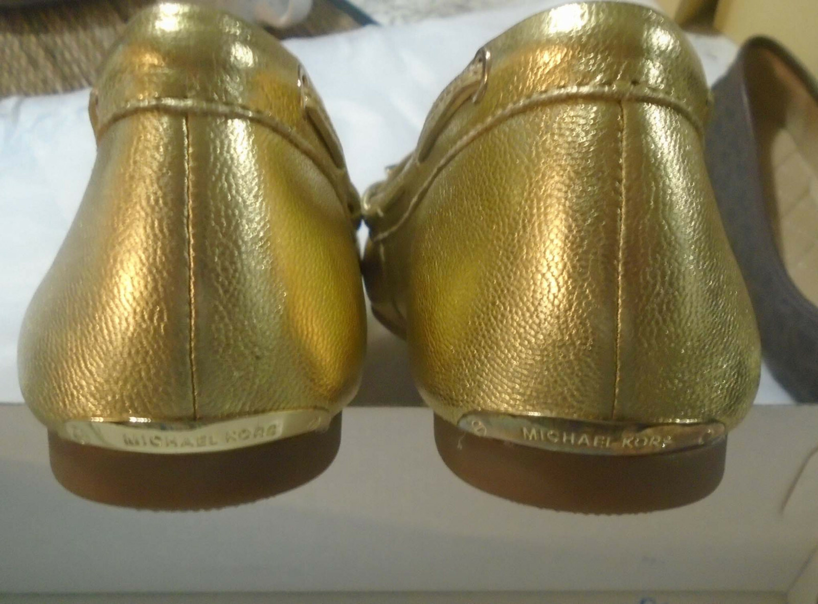 Michael Kors Lillie Brown or White MK Sutton Moc Denim or Gold Leather Flats