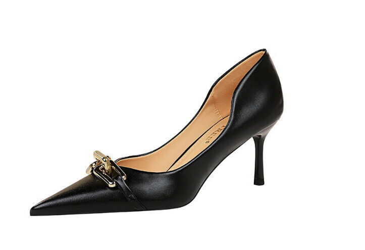 Women sexy Slip On Kitten Metal Button Pumps Mid Heels Pointed Toe Party Shoes