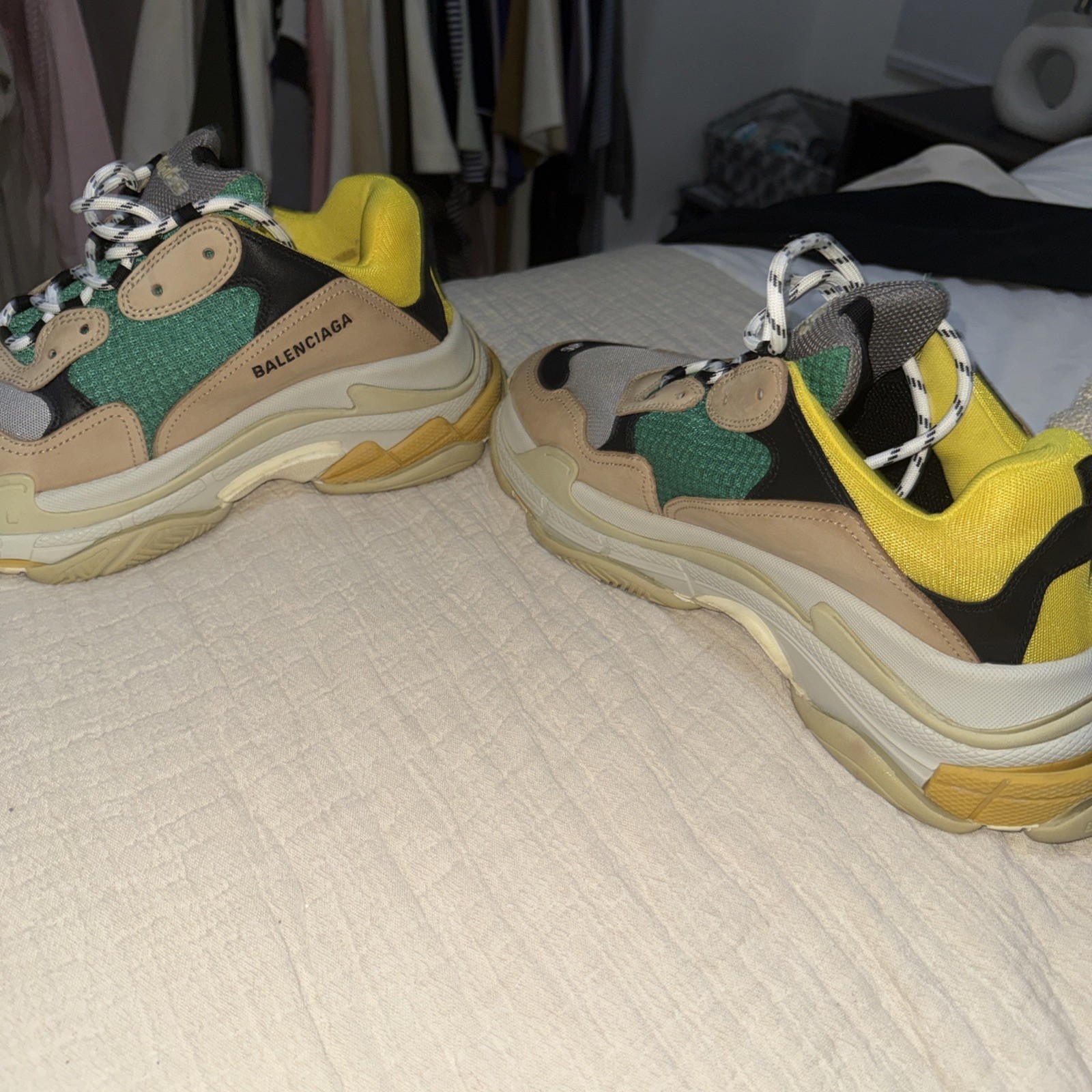 Balenciaga Triple S Men’s Low Top Lace-Up Colorblock Sneakers Beige/Green/Yellow
