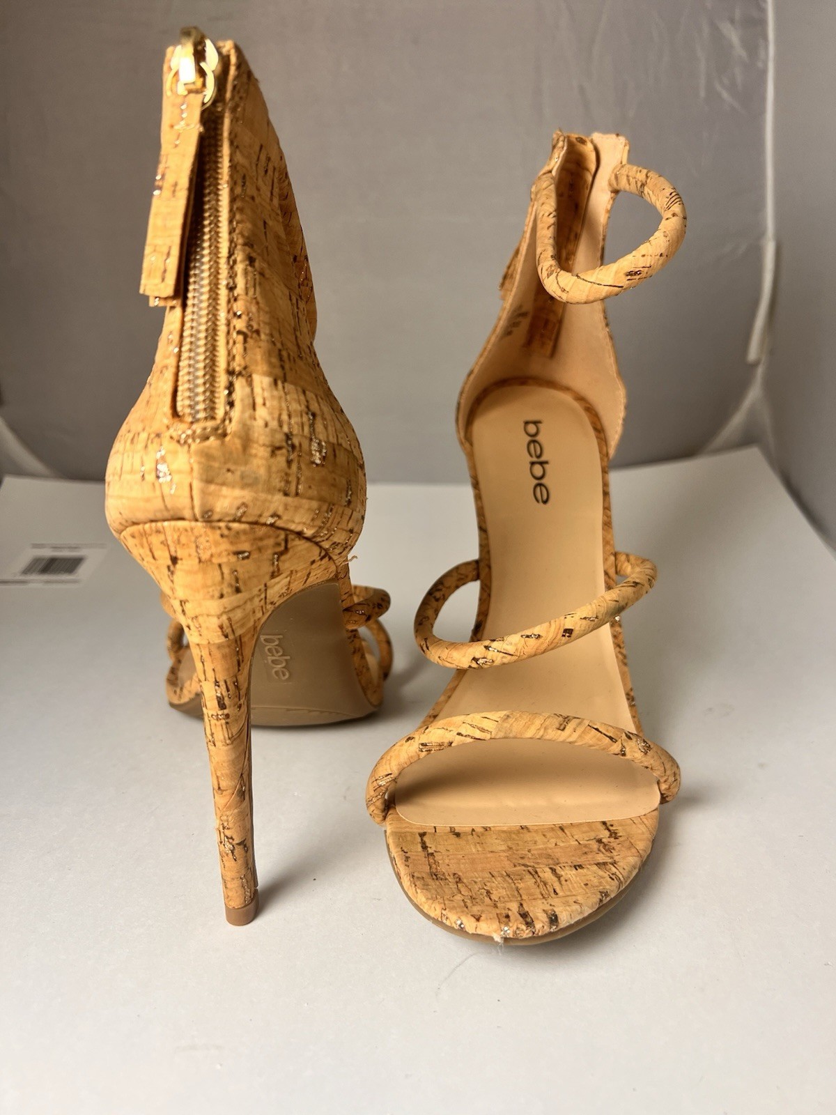 Bebe BERDINE Size 8 Glittery Cork Ankle Strap High Heels Classy Stylish