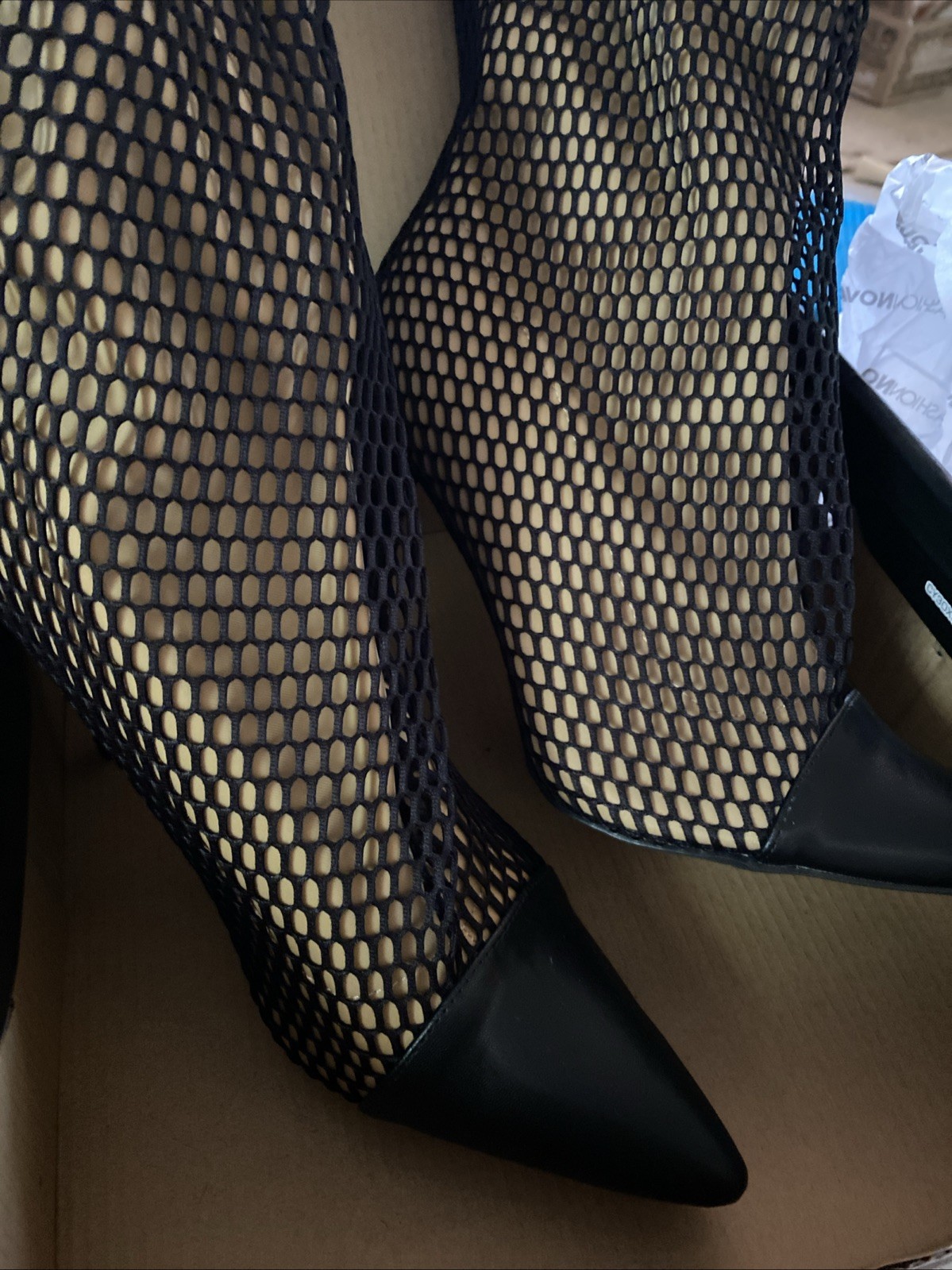 Sz 11 Fashion Nova Knee High Nude Combo Fishnet Boots NIB Dust Bags