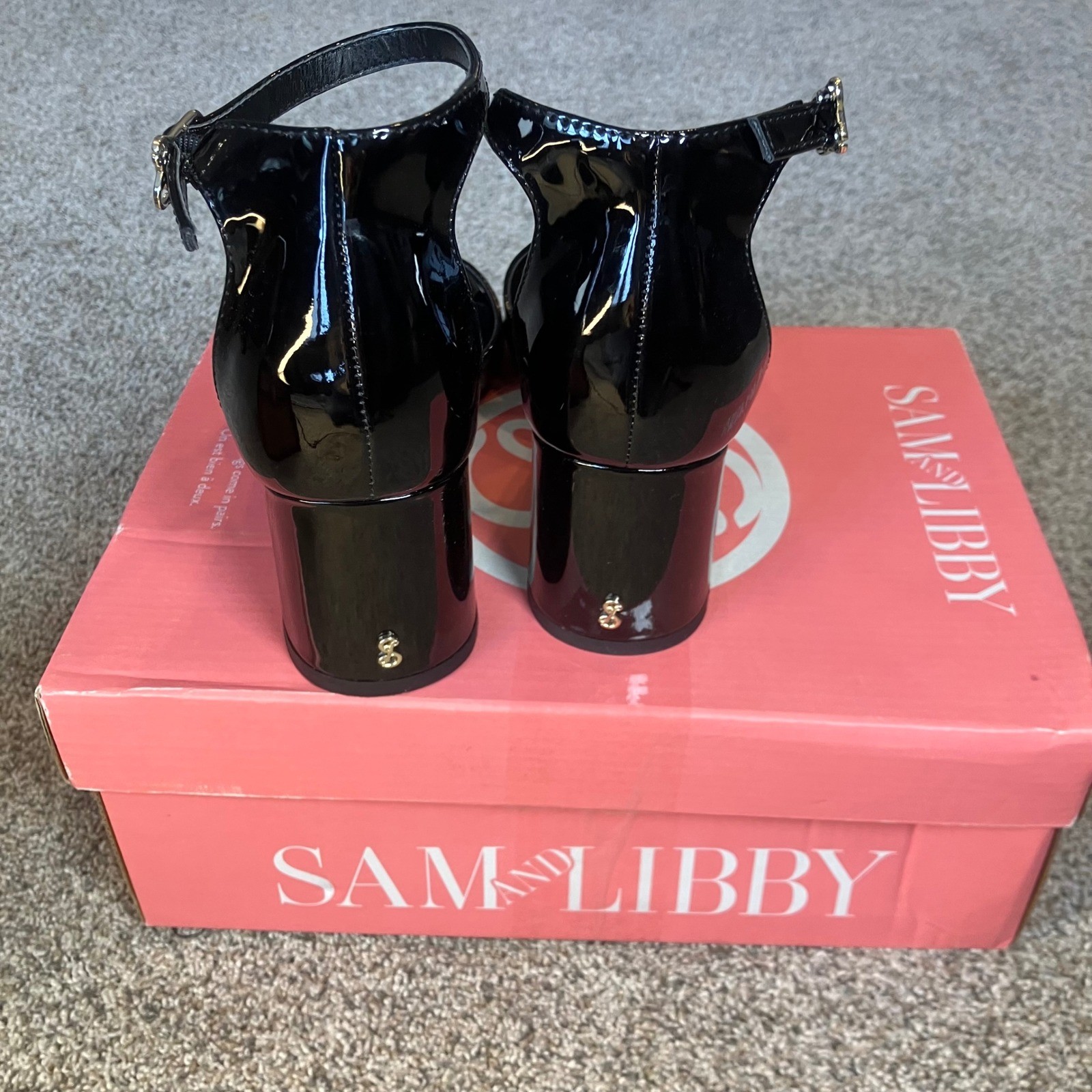 Sam and Libby Leanne Black Patent Block Heel Ankle Strap Sandal 6.5 NIB Orig $70
