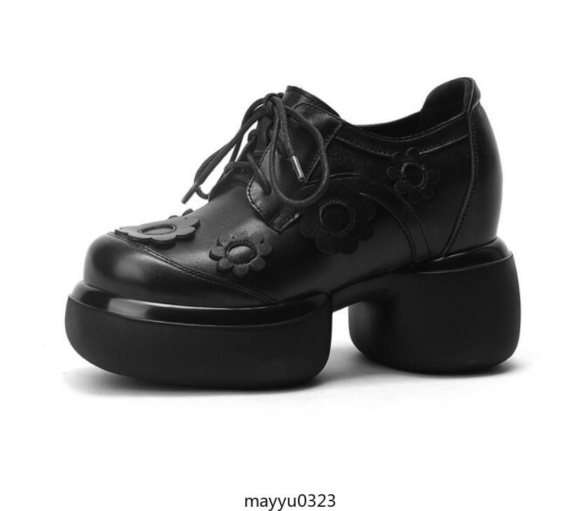 Womens Floral Lace Up Leather Mid Chunky Heel Round Toe Platform Casual Shoes
