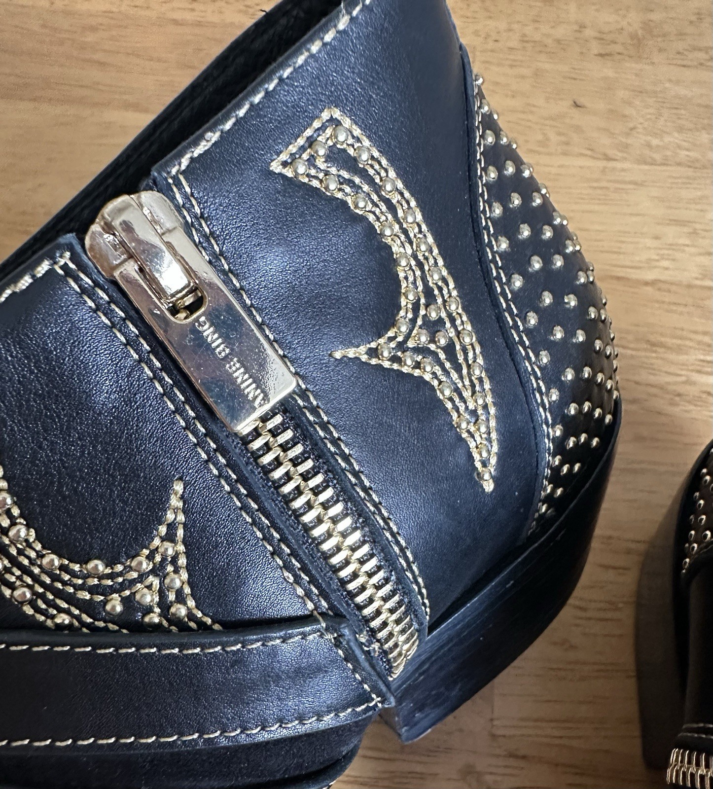 Anine Bing Penny Ankle Boots 37 Black Gold Studded Zipper Buckles 6.5 US