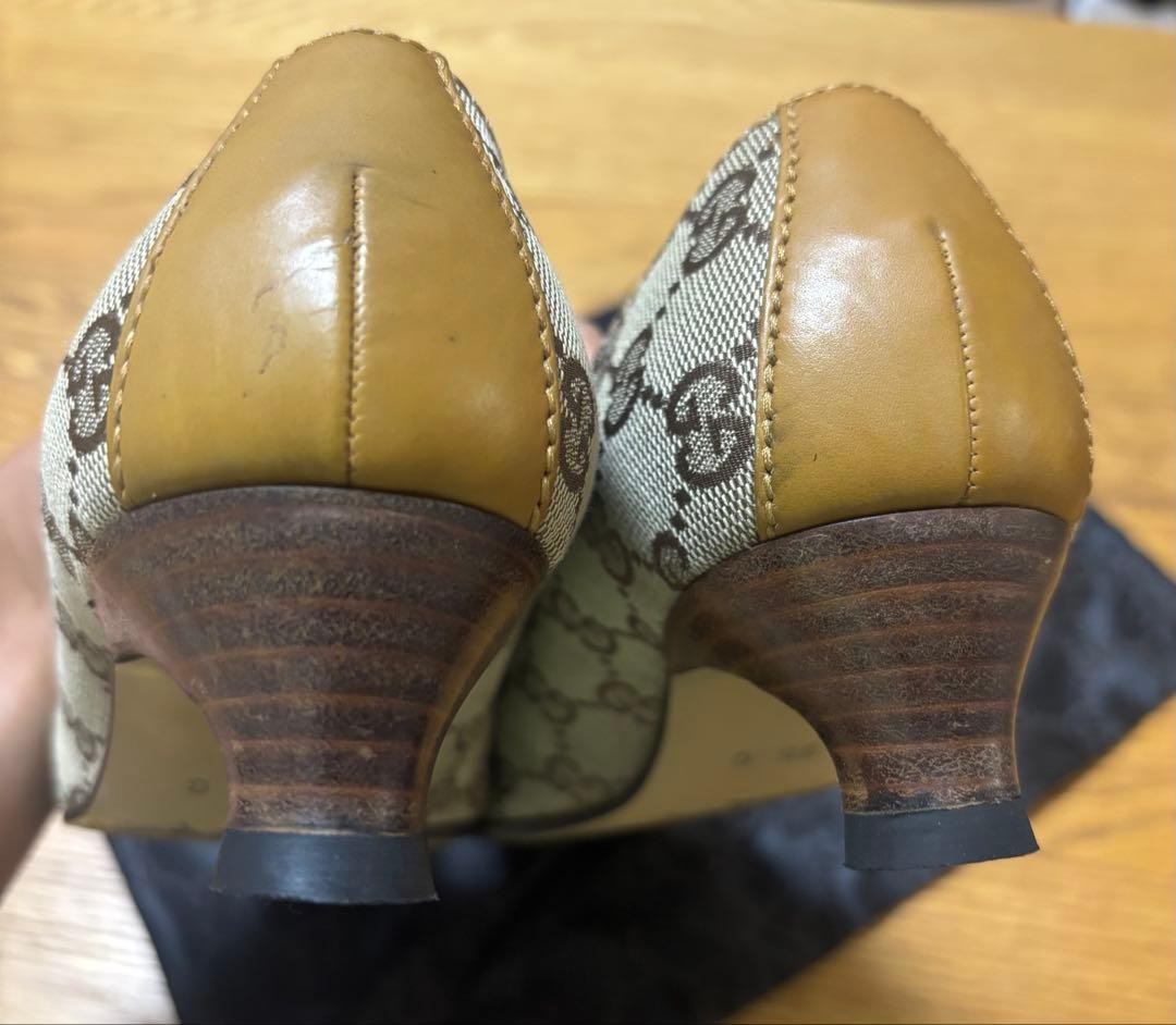 GUCCI Pumps 23cm Beige GG Canvas Leather Square Toe High Heels