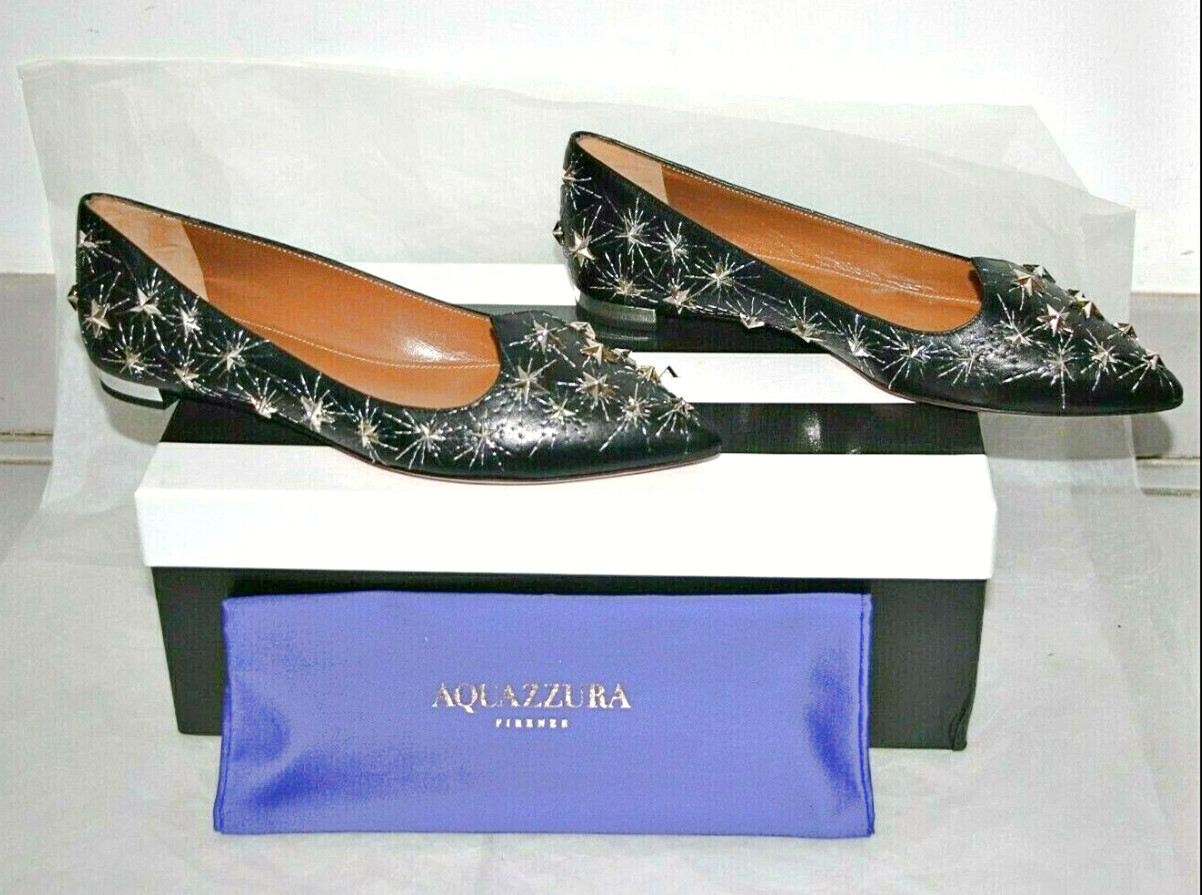 AQUAZZURA Cosmic Star Pointy Toe Flats in Black Silver sz US 6 – IT 36