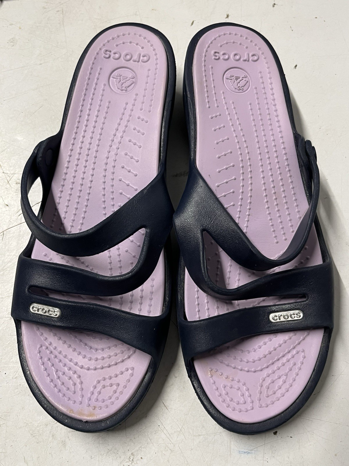 Women’s Crocs Patricia Navy Blue & Lavender wedge slide sandals size 10