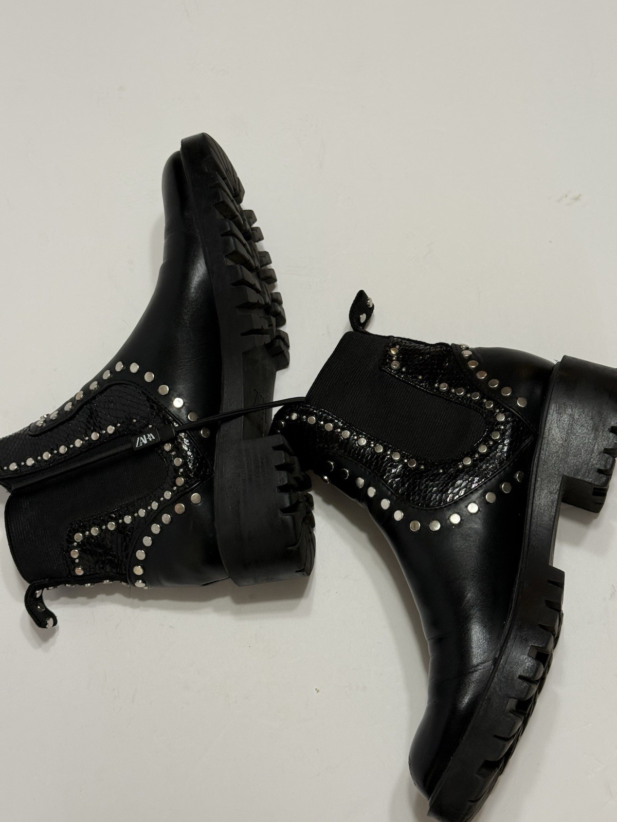 ZARA Black Studded Chunky Lug Sole Biker Ankle Boots Women’s Sz 37 (6.5)