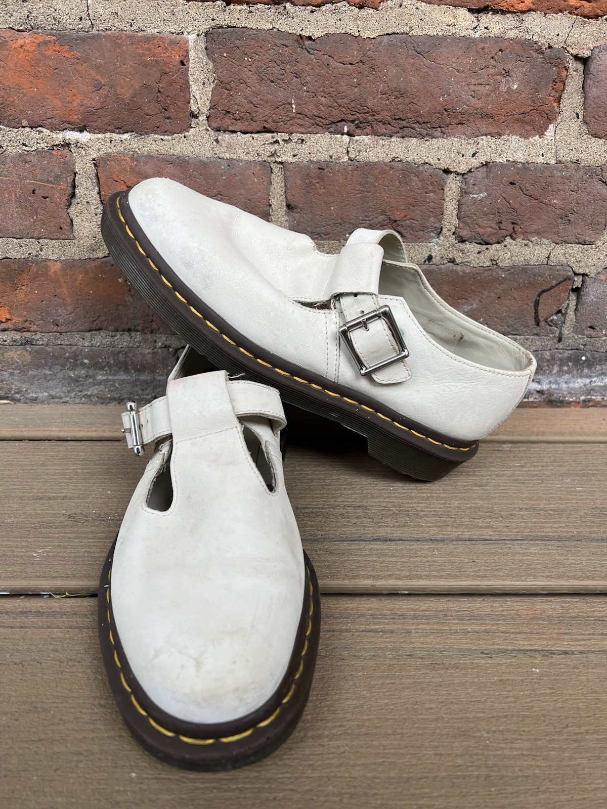 Vtg Dr Martens Polley 8065 Parchment Beige Leather Mary Jane Shoes Women Size 7