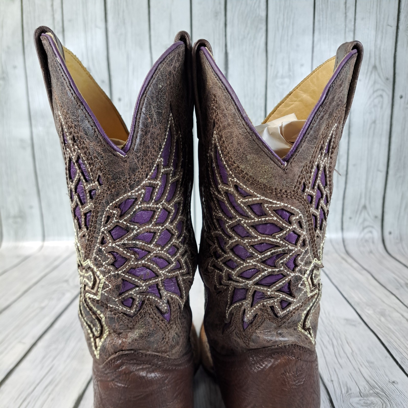Corral Vintage Cowboy Boots Womens 7 M Brown Purple Angel Wings Cross Leather