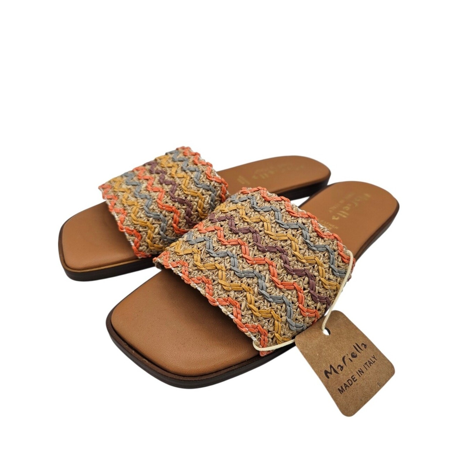 Mariella Multicolored Chevron Woven Raffia Leather Flat Slide Sandals Womens 8