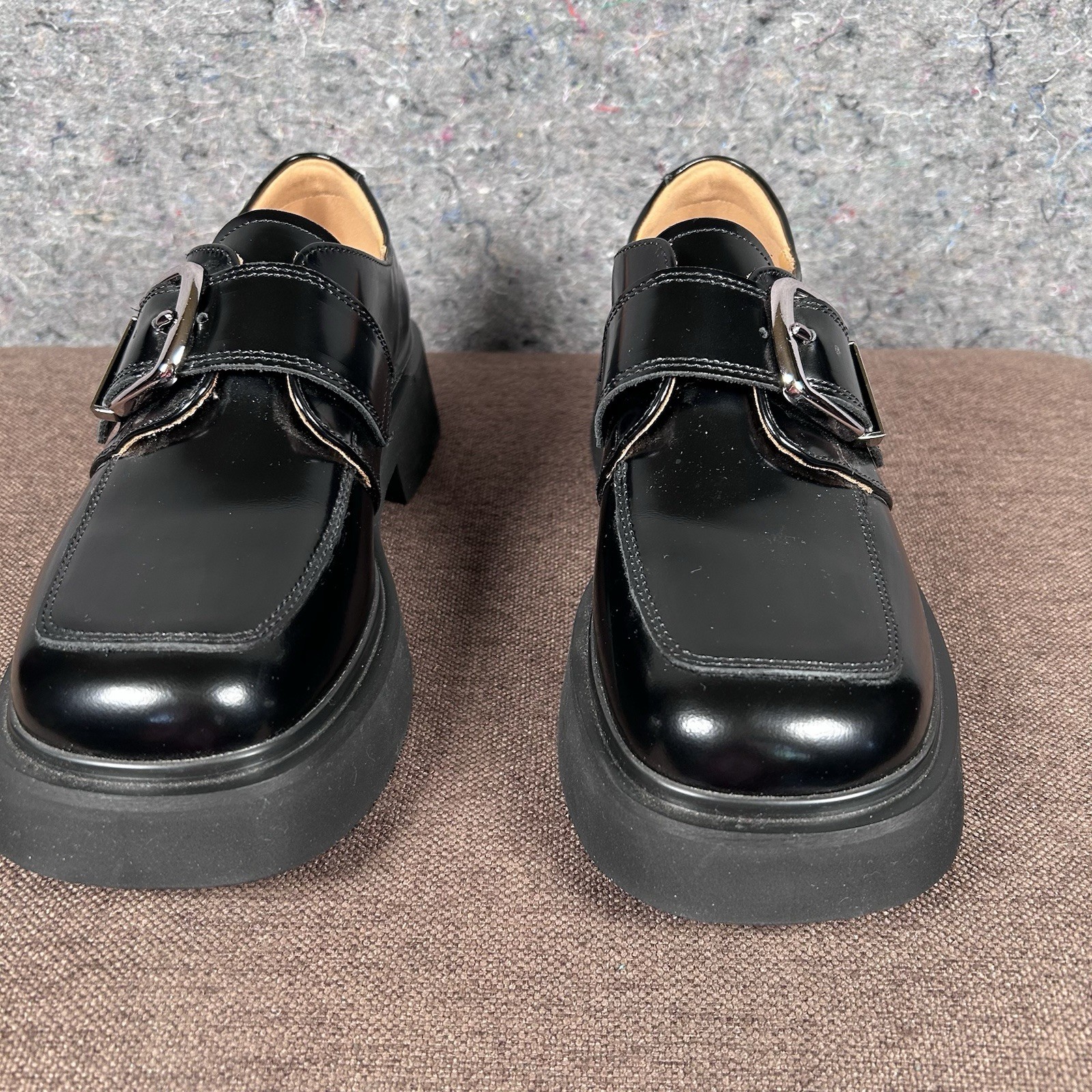 Beau Today Women’s Calfskin Business Casual Buckle Loafer Black Chunky 7-7.5