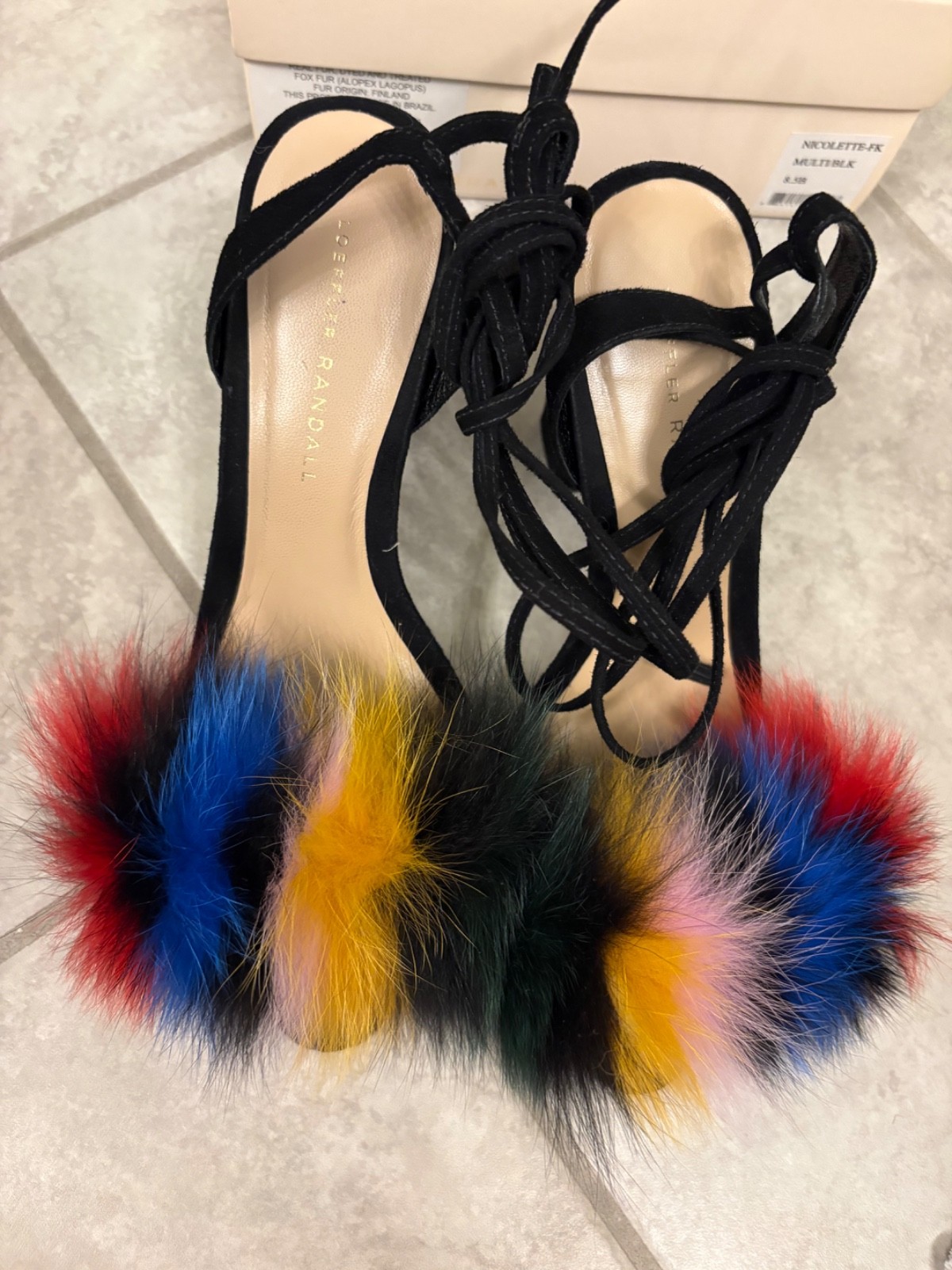LOEFFLER RANDAL Nicolette Black Suede Fox Fur Multicolor Block Heel Sz 8.5 $495