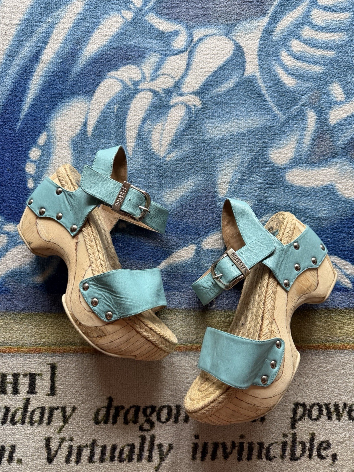 John Fluevog Rushmore Platform Mary Janes Clog Sandal Women’s 8 Blue Buckle Wood