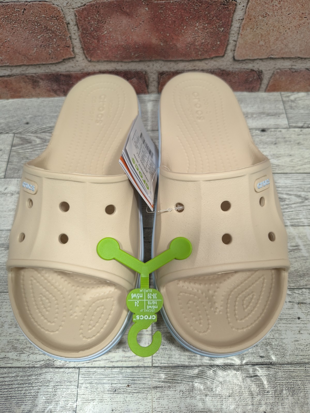 Crocs Bayaband Beige Raised Crocs Logo Unisex Slides Size M6/W8 205392-1LI NWT