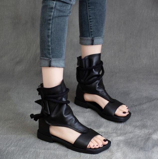 Women’s 100% Real Leather Retro Gladiator Soft Roman Sandals Ankle Boots Shoes