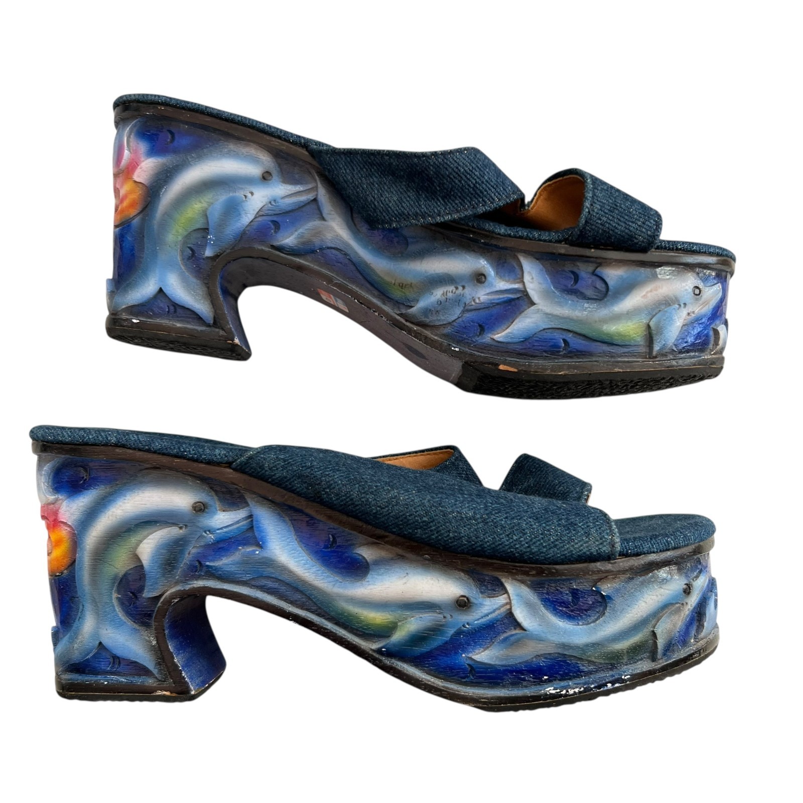 Vintage 90s platform sandals blue denim carved wood dolphins 40 slide chunky