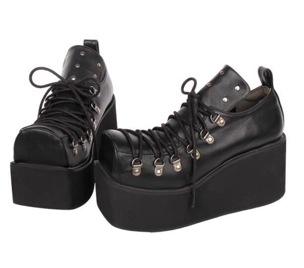 Women’s Punk Gothic Square Toe Lace Up Platform Shoes Rivet Fashion Casual Retro
