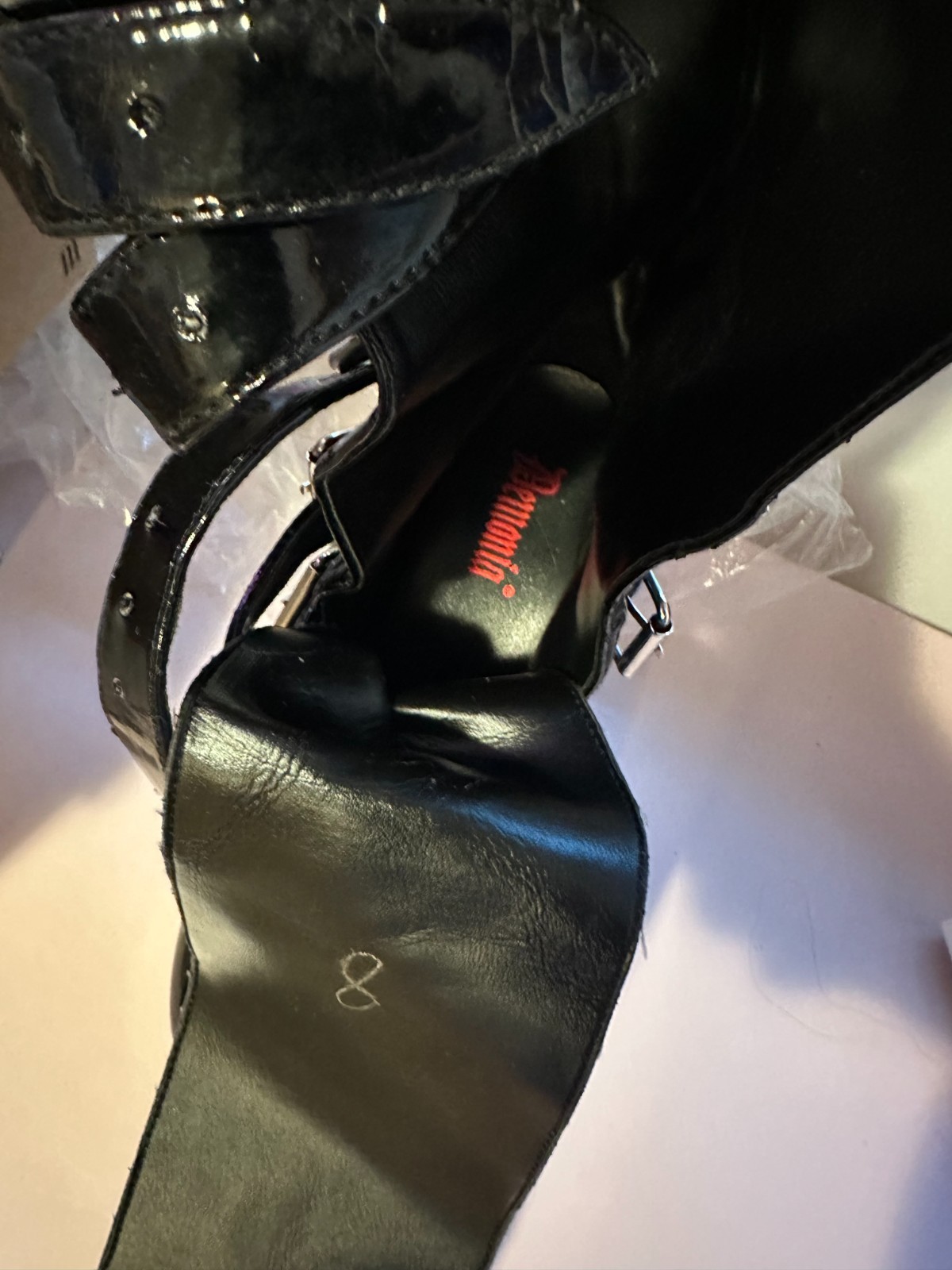 Demonia knee-high Patent Leather Boots, s8, silver hardware adjustable buckles