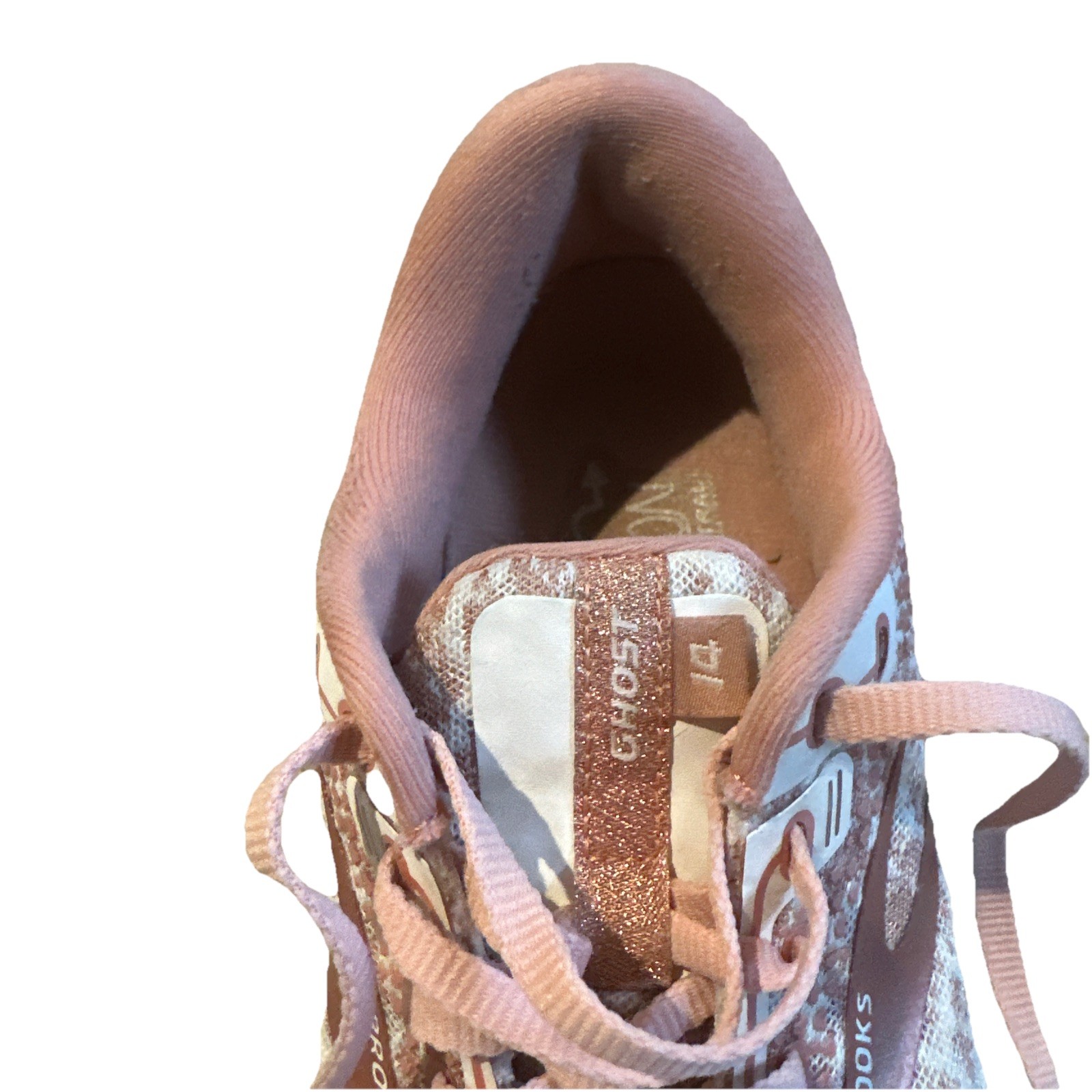 Brooks Ghost 14 Womens 7 B Medium Running Sneaker Shoes Coral Cloud Pink Glitter