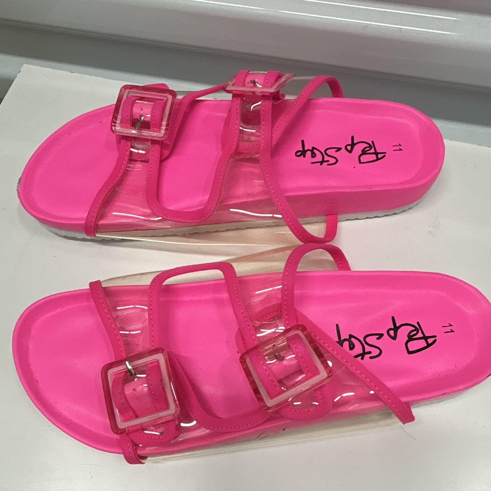 Top Step Women’s Pink Clear Strap Buckle Slide Sandals Plastic Casual 11