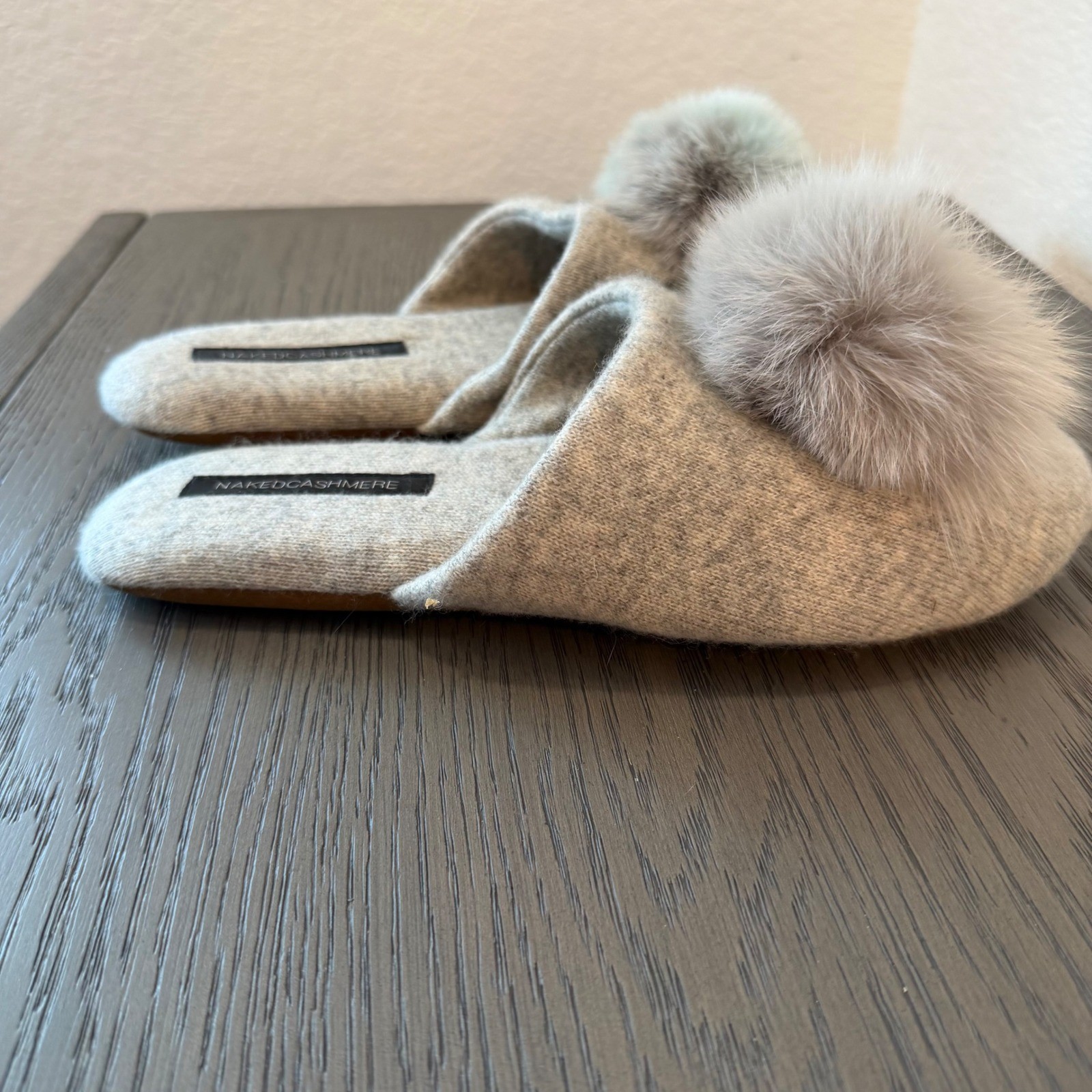 Naked Cashmere Women Grey Cashmere Fox Fur Pompom Mule Slippers L/XL