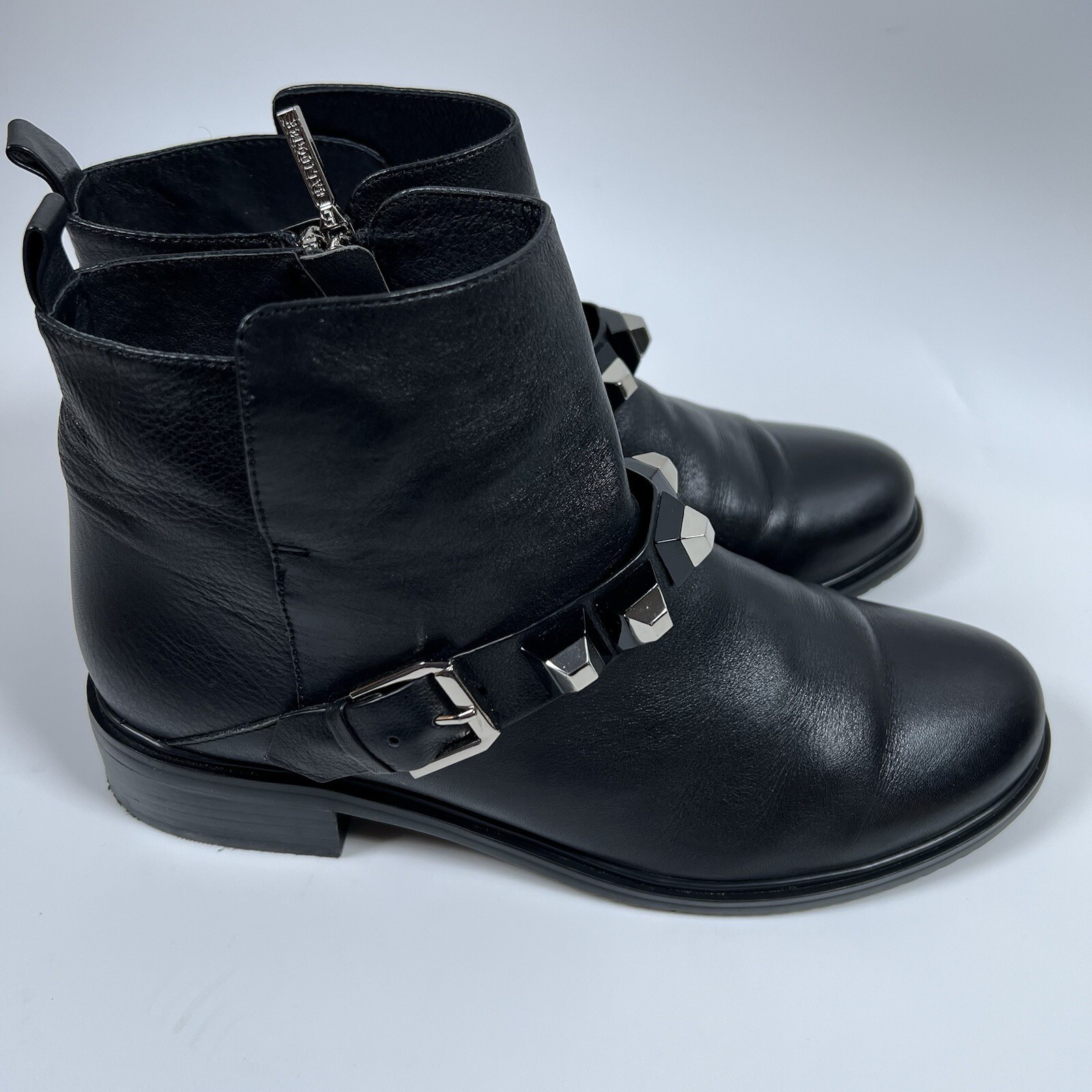 Balidoner Black Leather Ankle Boots Buckle Strap Studded Moto Biker