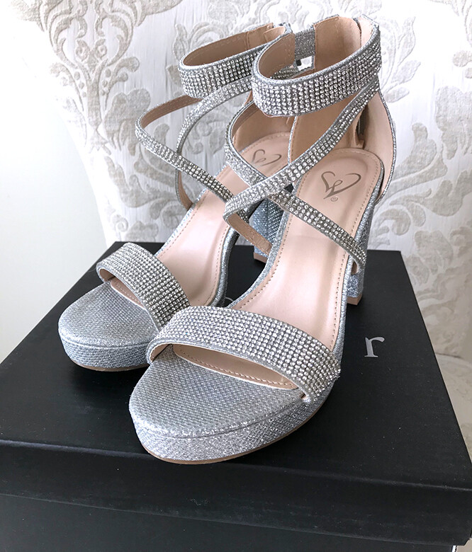Windsor Wang-1 Glitter Block Heels Silver Metallic Rhinestone Prom/Wedding Shoes