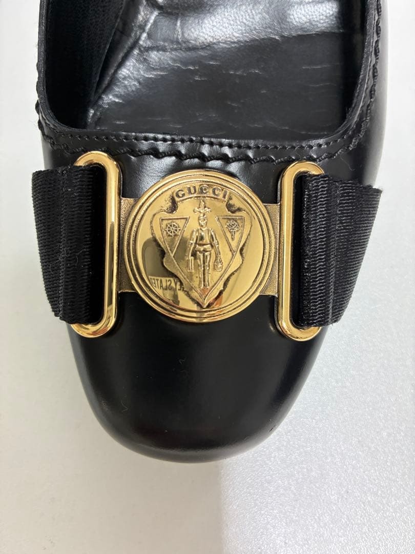 GUCCI Black Leather Pumps Size 23cm 9in Gold Emblem High Heels