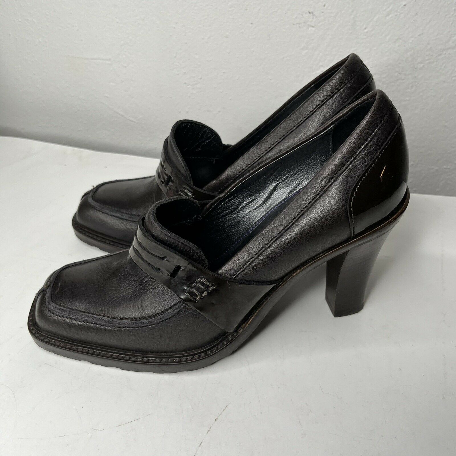 NavyBoot Dark Brown Italian Leather Chunky Heel Loafer Pumps size 37 (6.5)