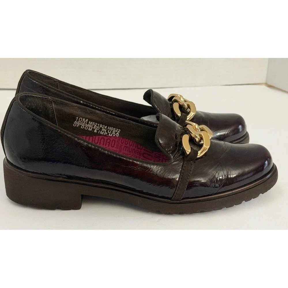 Munro American Expresso Brown Patent Leather Gold Chain Loafers Shoes 10 M