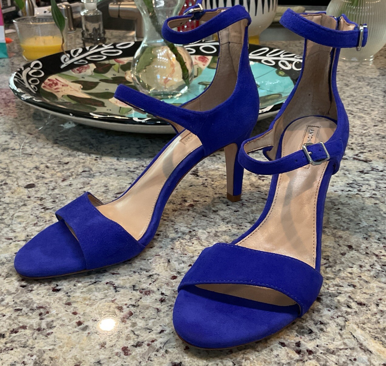 ANTONIO MELANI Womens Sz 8 M BALDTYN Blue Suede Double Strap-Zip Back High Heel