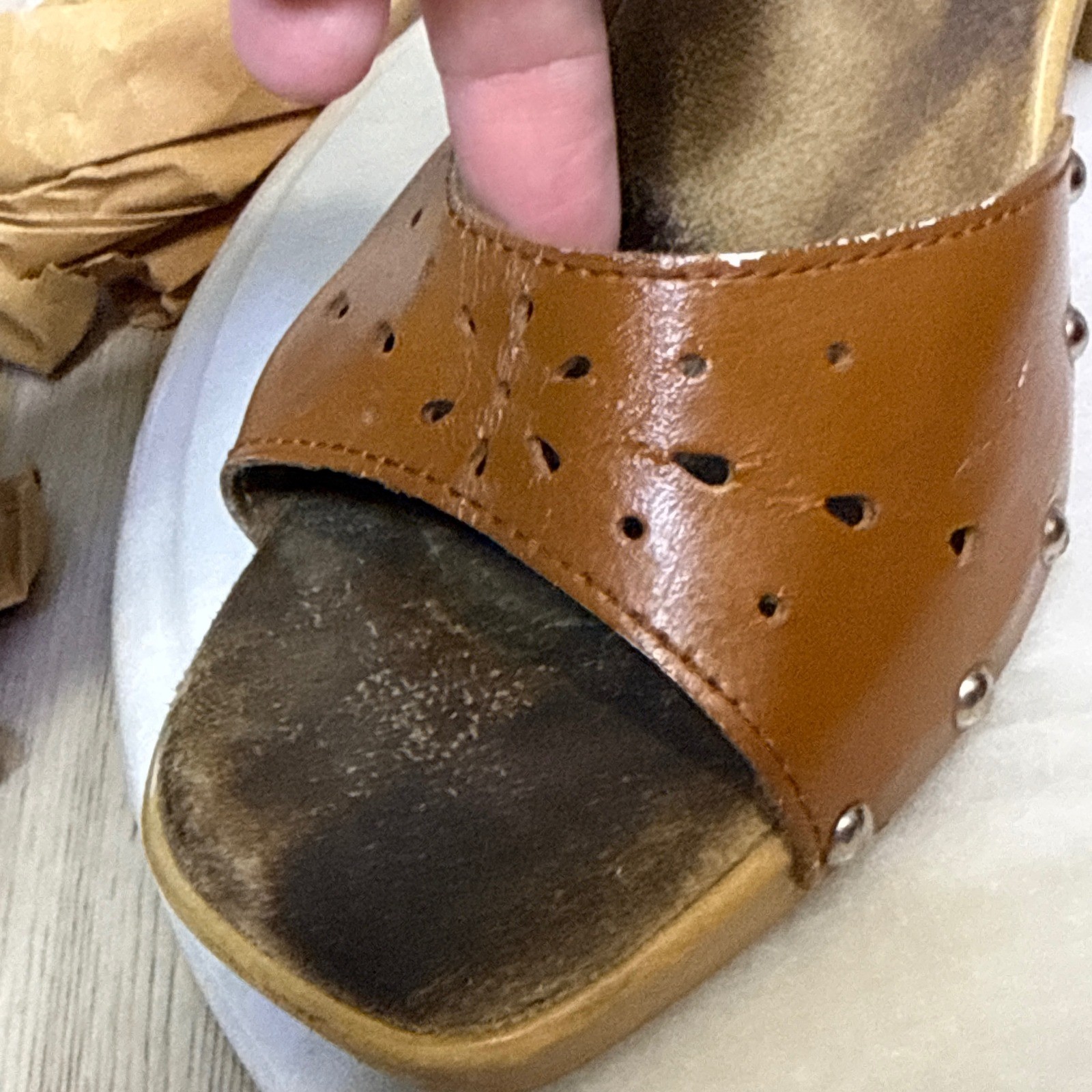 Vtg Candies Brown Leather Studded heels Platform Mules Square Toe 9 shoes y2k
