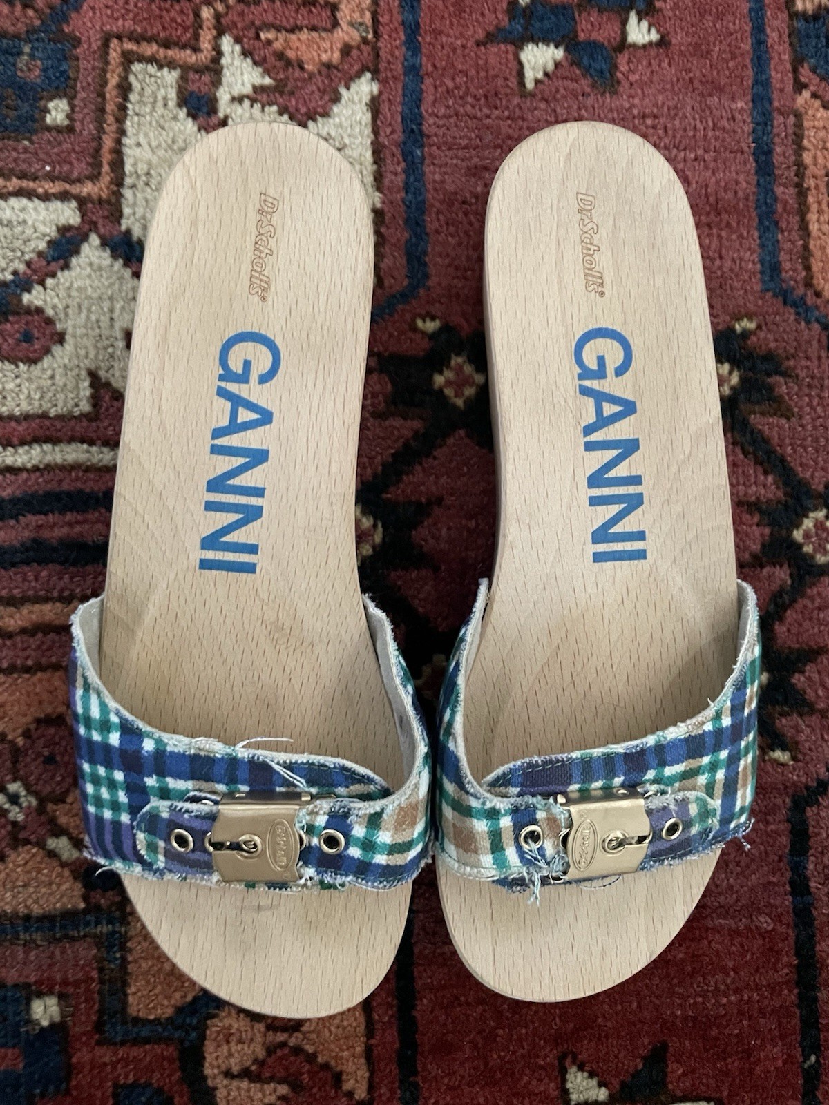 GANNI x Dr. Scholl’s Women’s Plaid Clogs Buckle Blue/Green/White 8