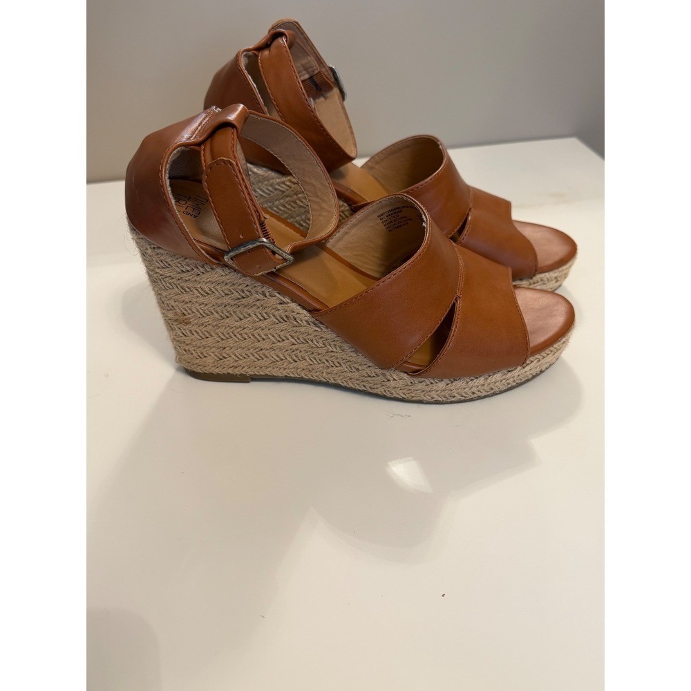Time and Tru Cognac Brown Espadrille Wedge Sandals Ankle Strap Size 9