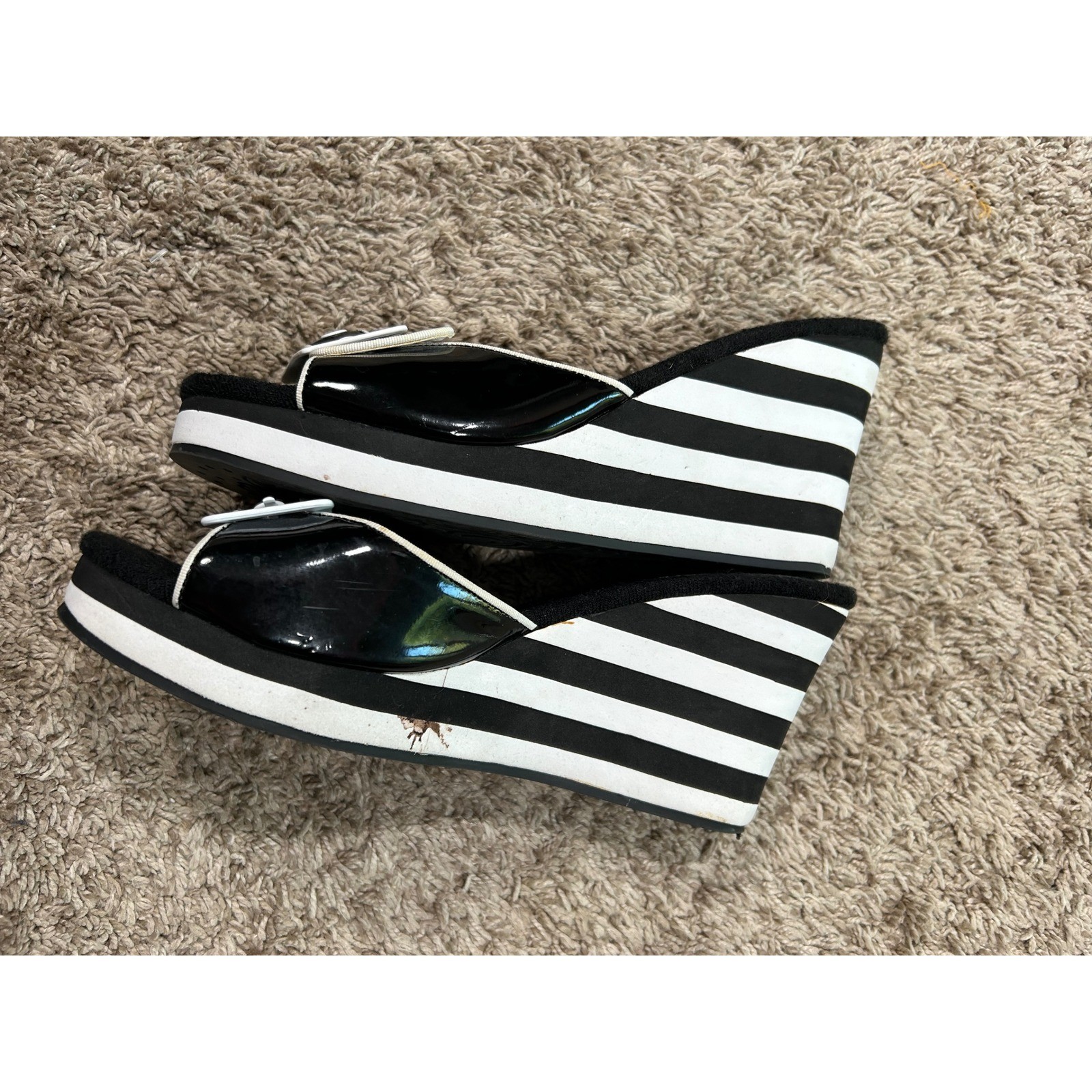 VTG Y2K 2000s Striped Wedge Sandals Buckle Slide Retro 7.5M Mod 90s *READ