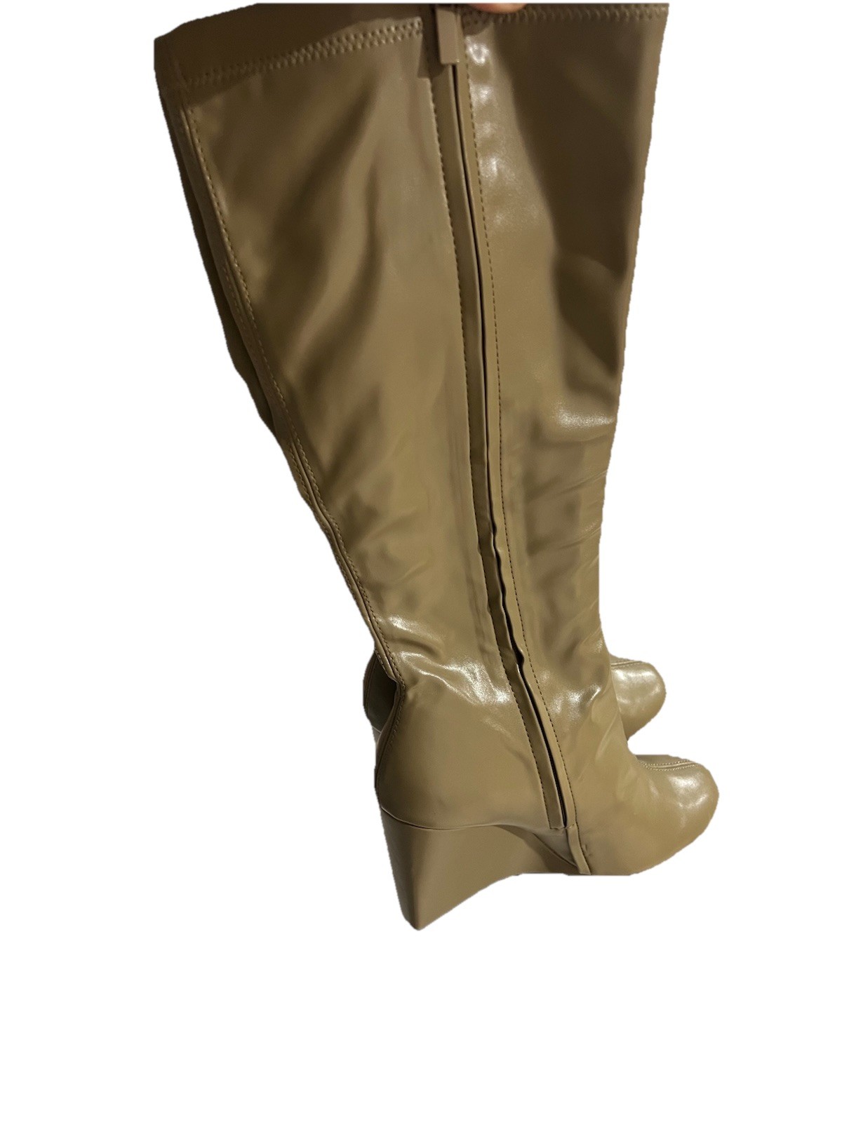 3N5/ZARA Beige Knee High Wedge Boots Leather Closed Toe Zip Women’s Size 9.5