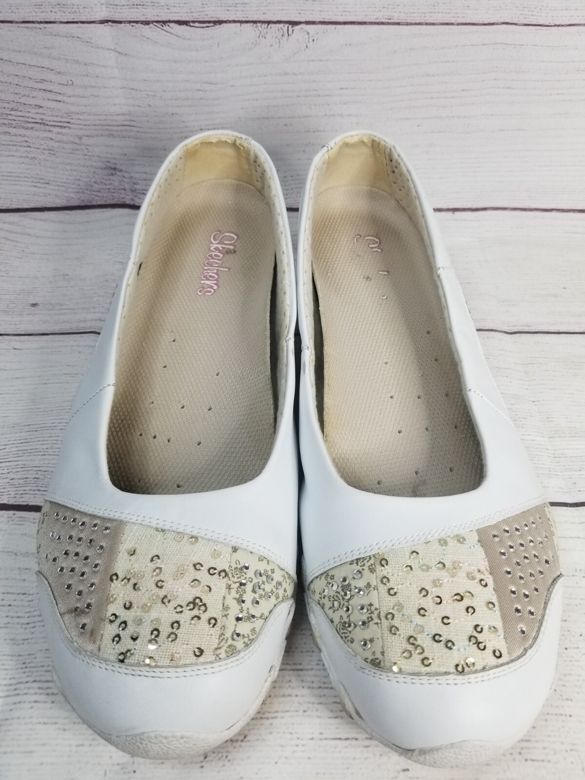 Skechers Womens 10 Floral Patchwork White Leather Textile Sequins Beige Floral