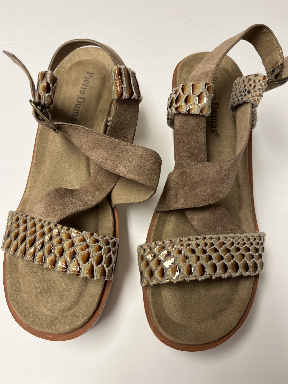 Pierre Dumas Strappy Sandals size 8.5 Brown Reptile And Suede Block Heels