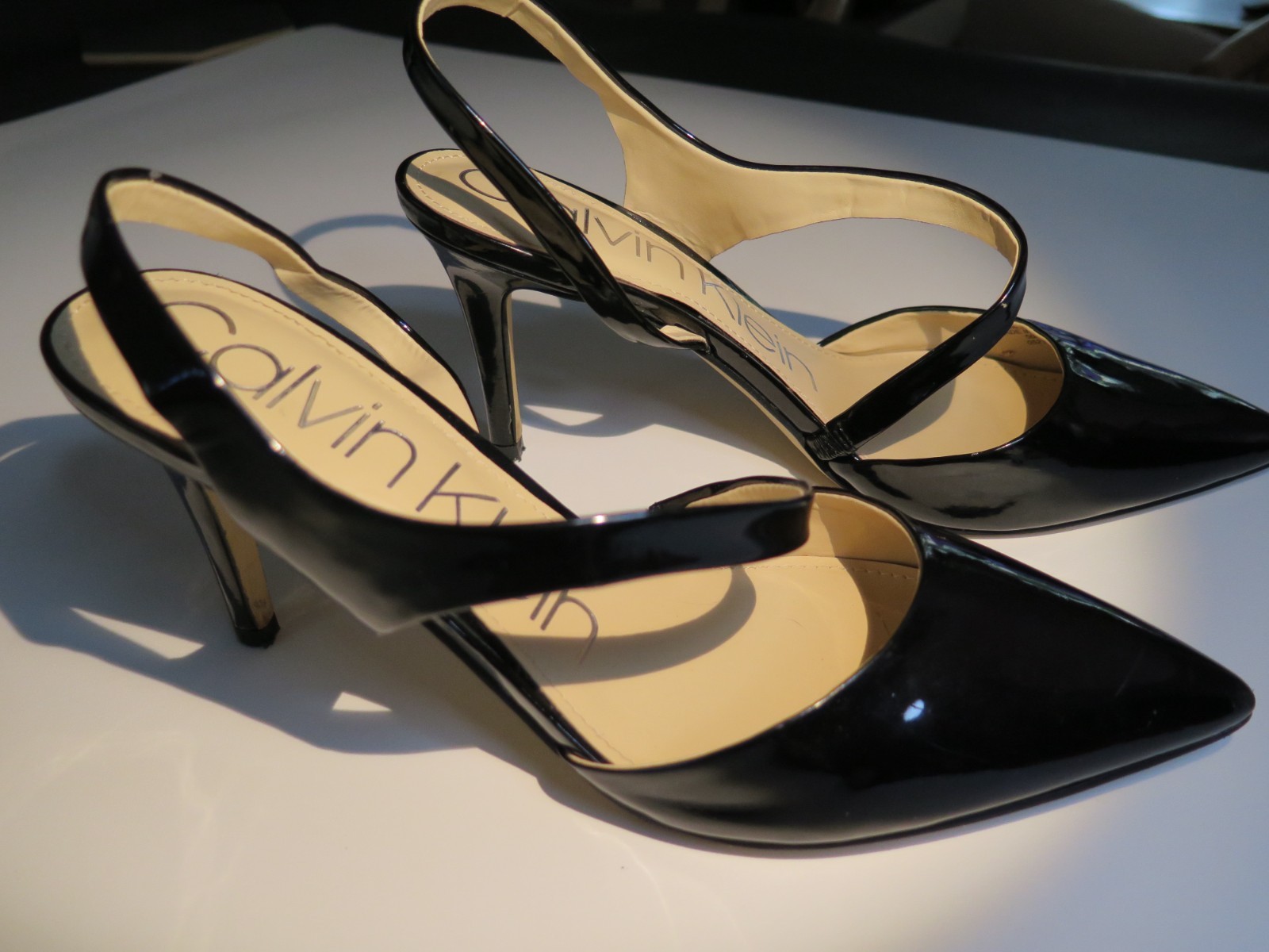 Calvin Klein Black Women’s Patent Leather Slingback Diagonal Strap Heels 8.5M