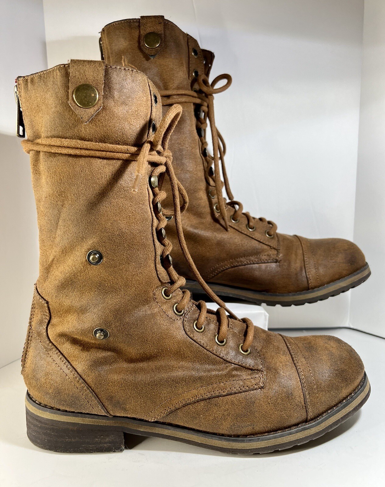 Madden Girl 9M Brown Combat Boots Destinn Faux Fur Lined Lace Up Zip Back 1”